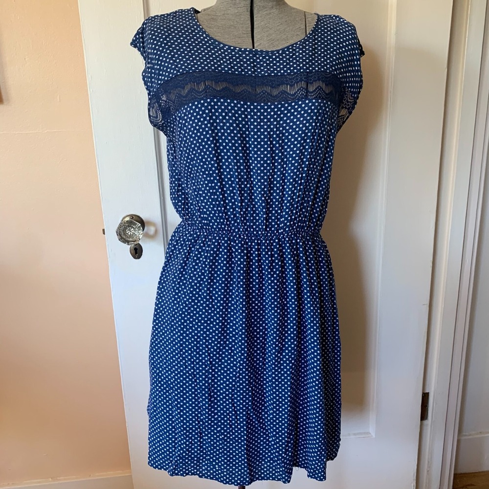 American Rag Blue Polka Dot Lace Trim Fit & Flare Mini Dress Medium